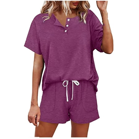 

Summer Savings Clearance Pajama Shorts Wenini Pajama Shorts for Women Women Casual Solid Short Sleeve Button Tops Nightwear Shorts Sleepwear Sets Shorts Pajama Set Purple S