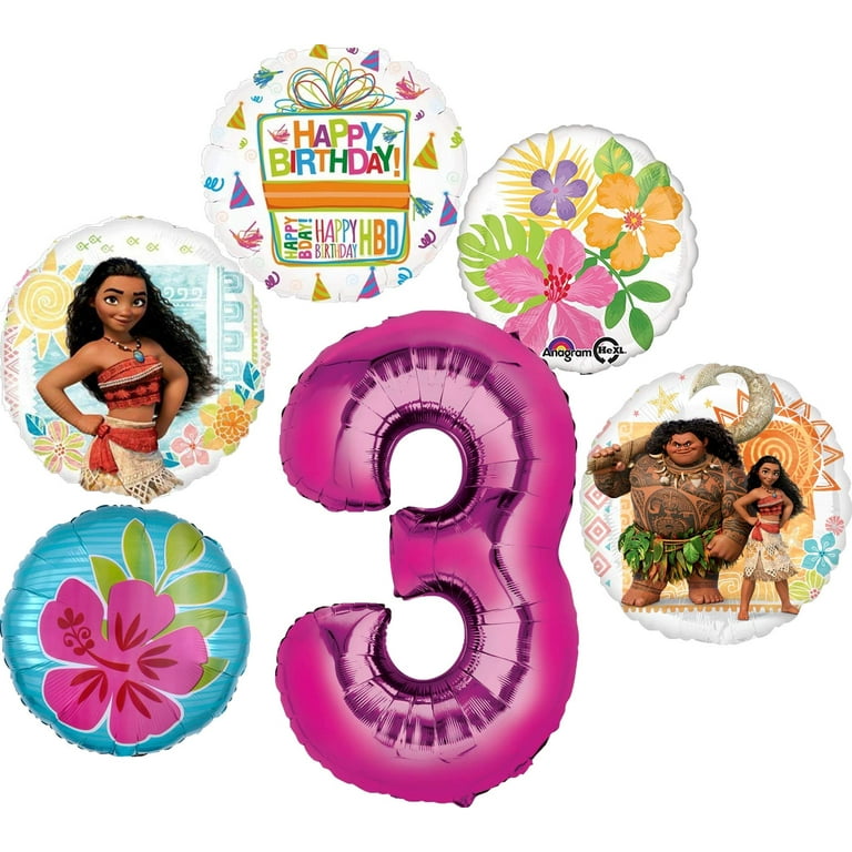 Moana Party Supplies 3rd Birthday Balloon Bouquet Decorations - Pink Number  3 