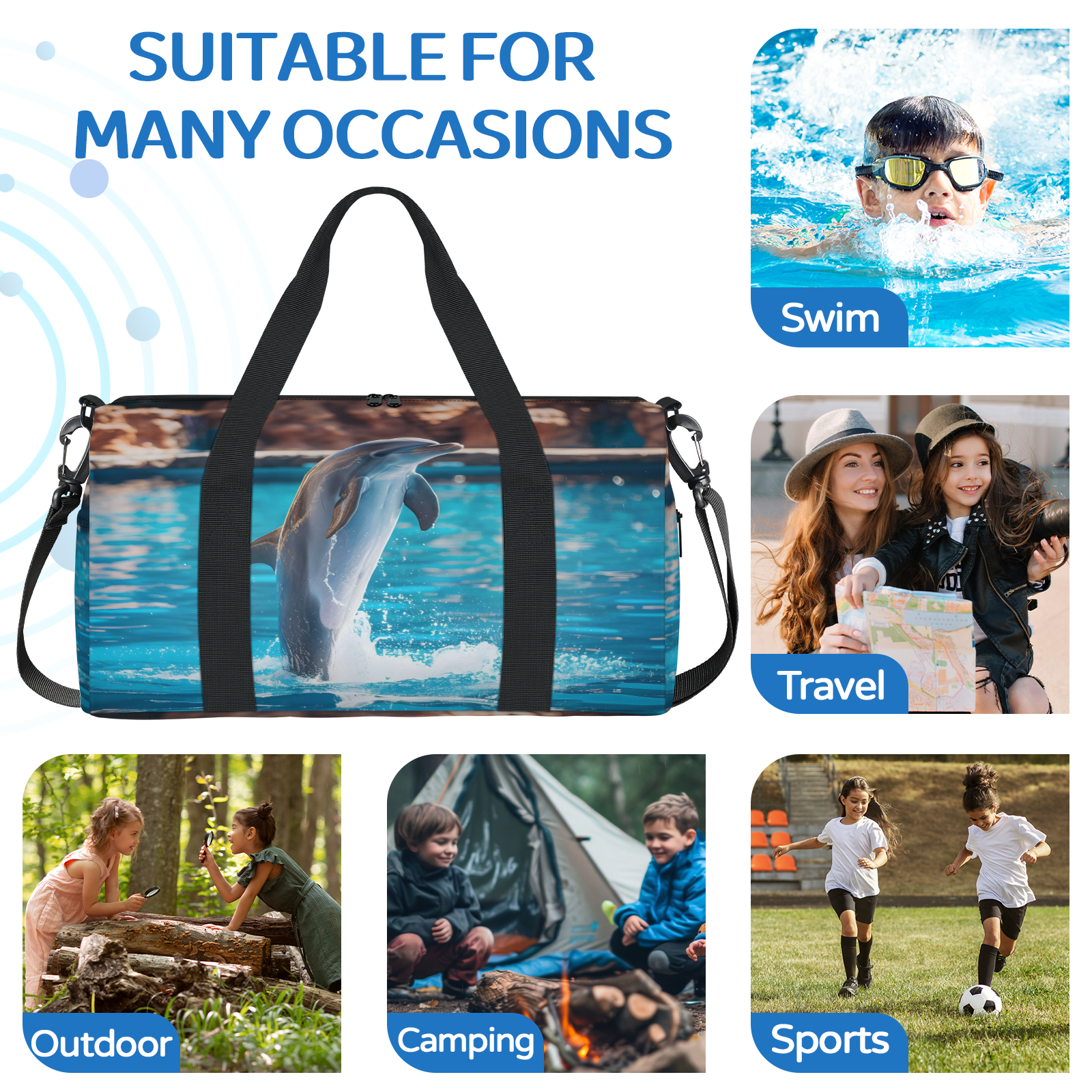 Herdesigns Dolphin Travel Duffle Bag Sports Yoga Weekender Overnight Carry on Workout Bags Lightweight Waterproof Gym Tote Bag for Women