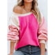 thumbnail image 2 of Sudadera de lana difusa con cuello redondo para mujer, informal, de moda, manga larga abombada, color block, Tops, color rojo rosa XL, 2 of 8