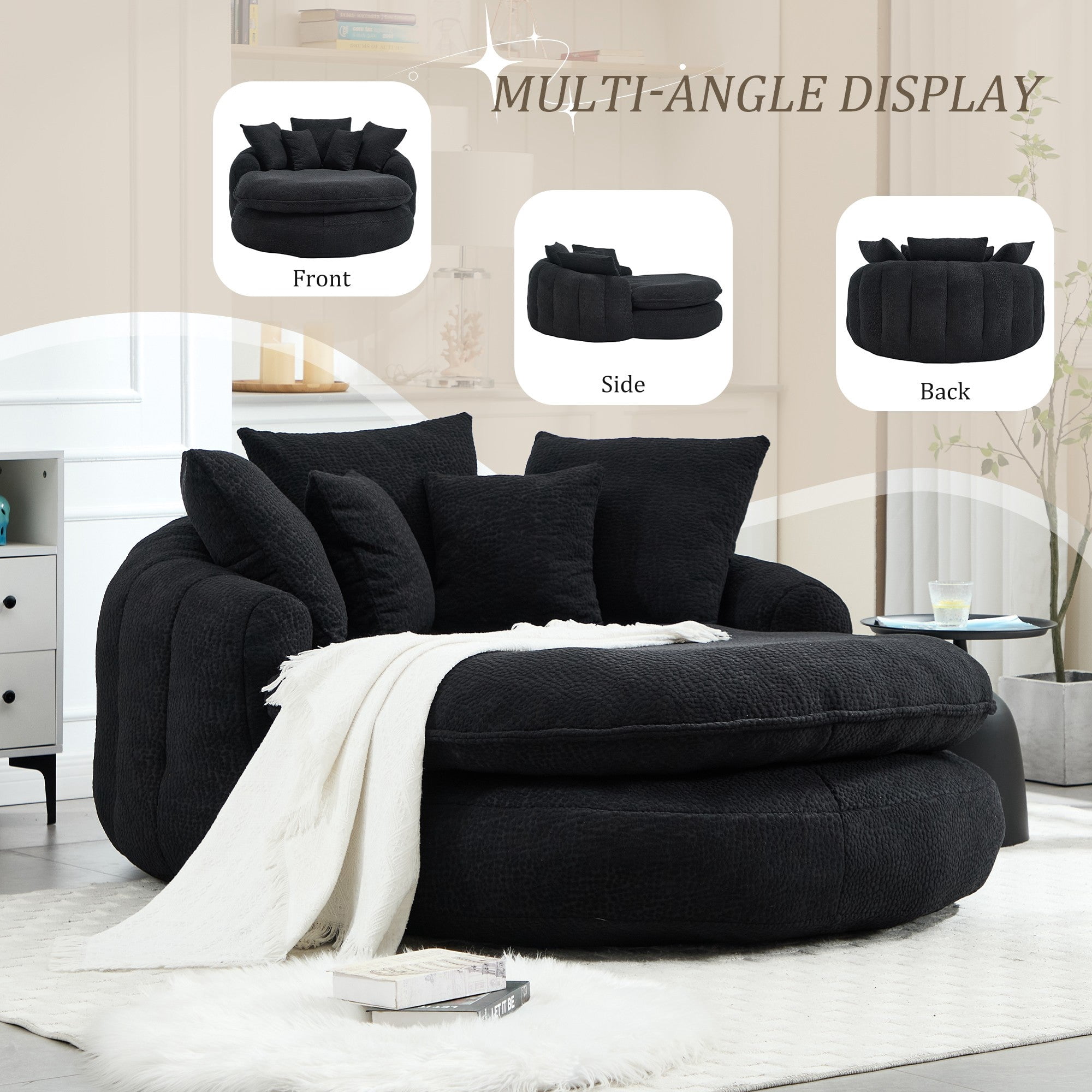 Sailvan Oversized Oval Bean Bag Sofa with 5 Pillows,Chenille Fabric Lazy Floor Sofa for Adults,Memory Foam Seating with Wrap Around Backrest Black