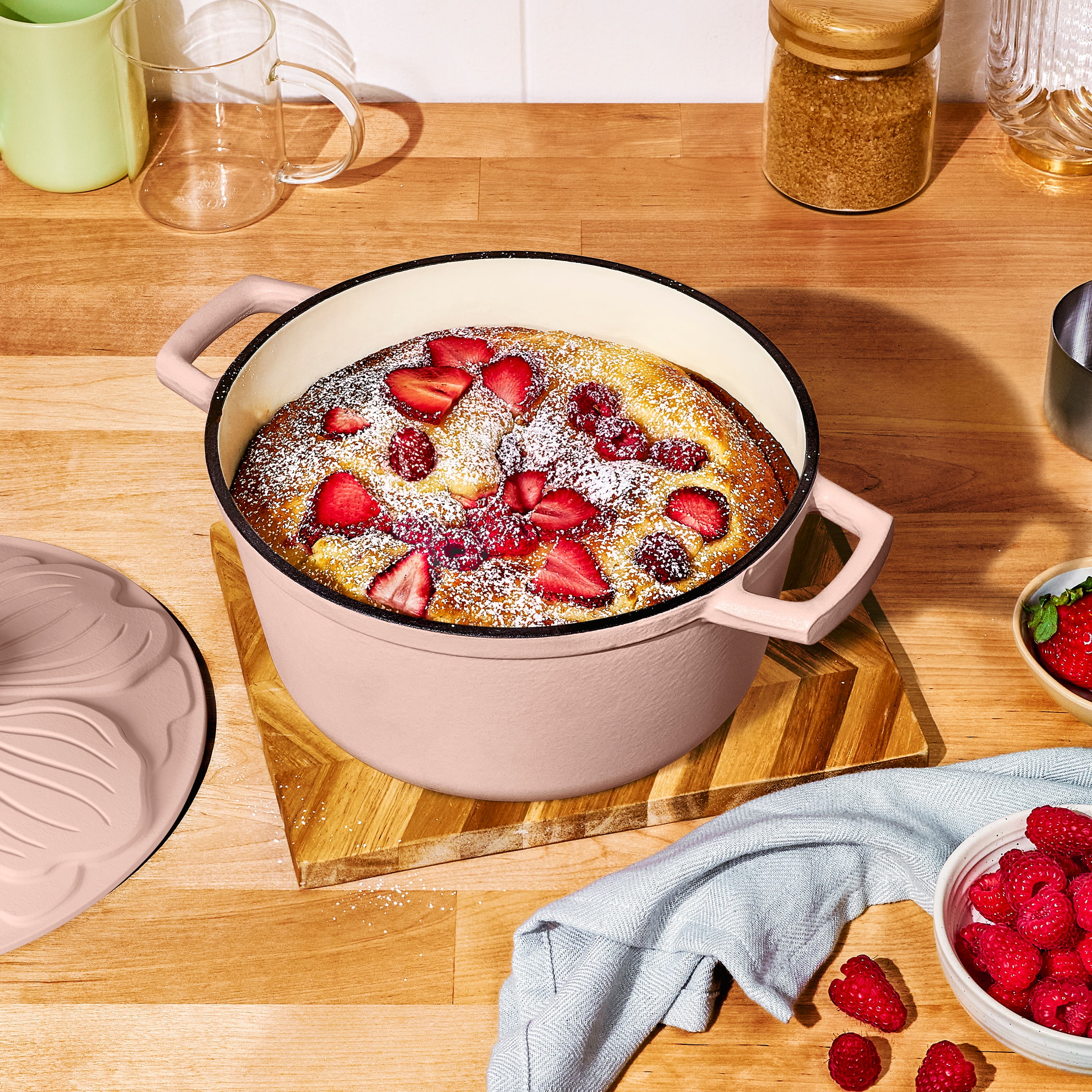 Beautiful 4 Quart Enameled Cast Iron Round Dutch Oven with Petal Design Lid, Rose by Drew Barrymore