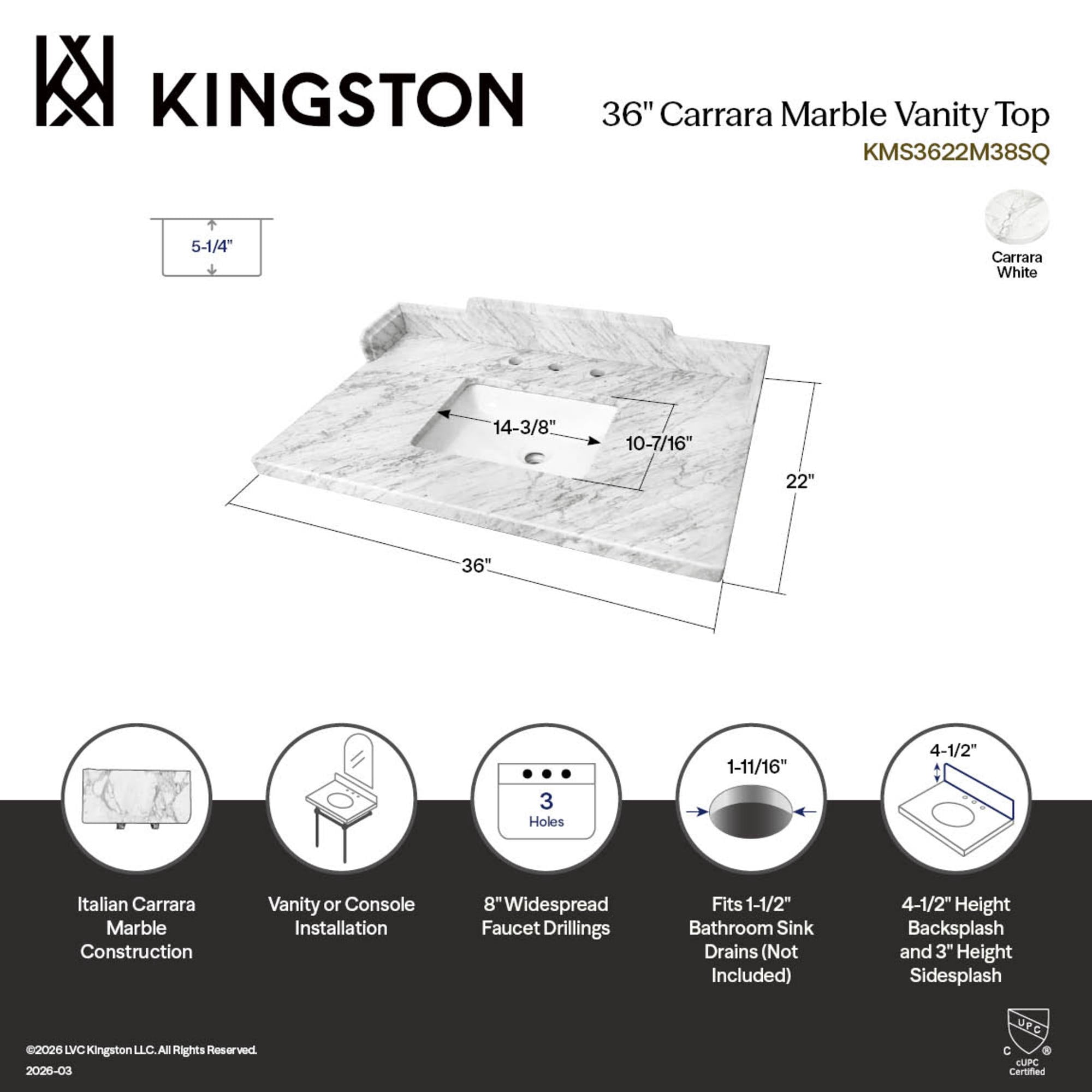 Kingston Brass KMS3622M38SQ Pemberton 36-Inch Carrara Marble Vanity Sink Top (8" Faucet Drillings) in Carrara White