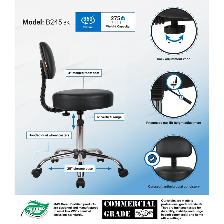 Boss Office & Home B245-BK Adjustable Medical Spa Rolling Desk Stool with Back, Black Boss Office & Home B245-BK Adjustable Medical Spa Rolling Desk Stool with Back, Black