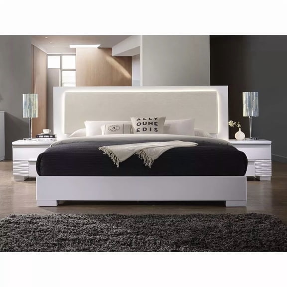Modern 3 Piece Cal King Size Bedroom Furniture Set, LED Headboard Bed Frame and Two Nightstand, White Lacquer Finish