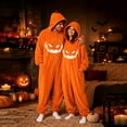 thumbnail image 4 of Swanpen Women Halloween Pumpkin Onesie Costume, Hooded Plush One Piece Pajamas, Cute Jack O' Lantern Jumpsuit for Halloween Party & Loungewear,Orange, 4 of 6