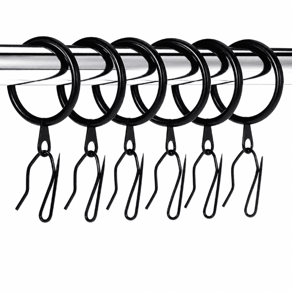 Metal Curtain Rings with Drapery Pin Hooks, Black Steel Set for Window and Shower Curtain Rods, 30 Pcs