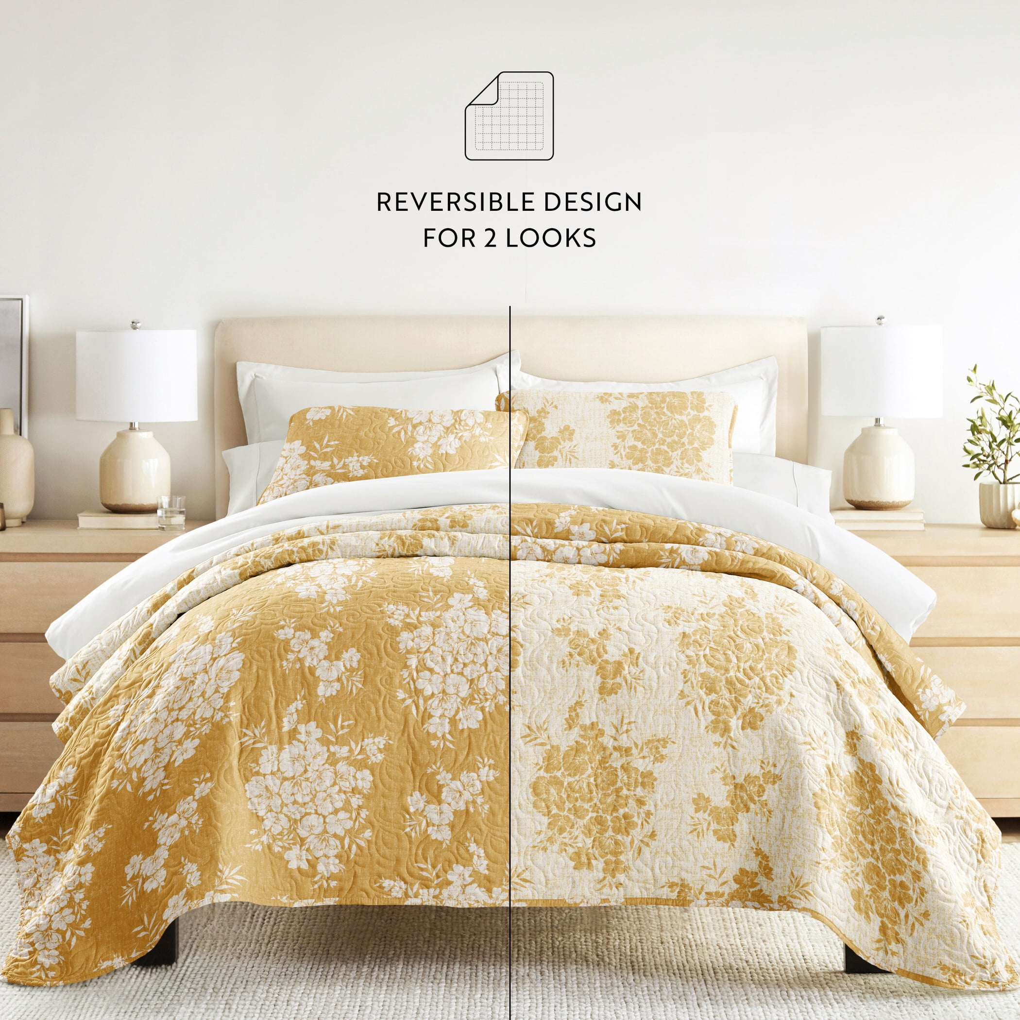 Lightweight Quilt Sets - Wrinkle Free - Coverlet Mustard Yellow Floral Patterns for Full/Queen Size Bedding by Comfort Canopy