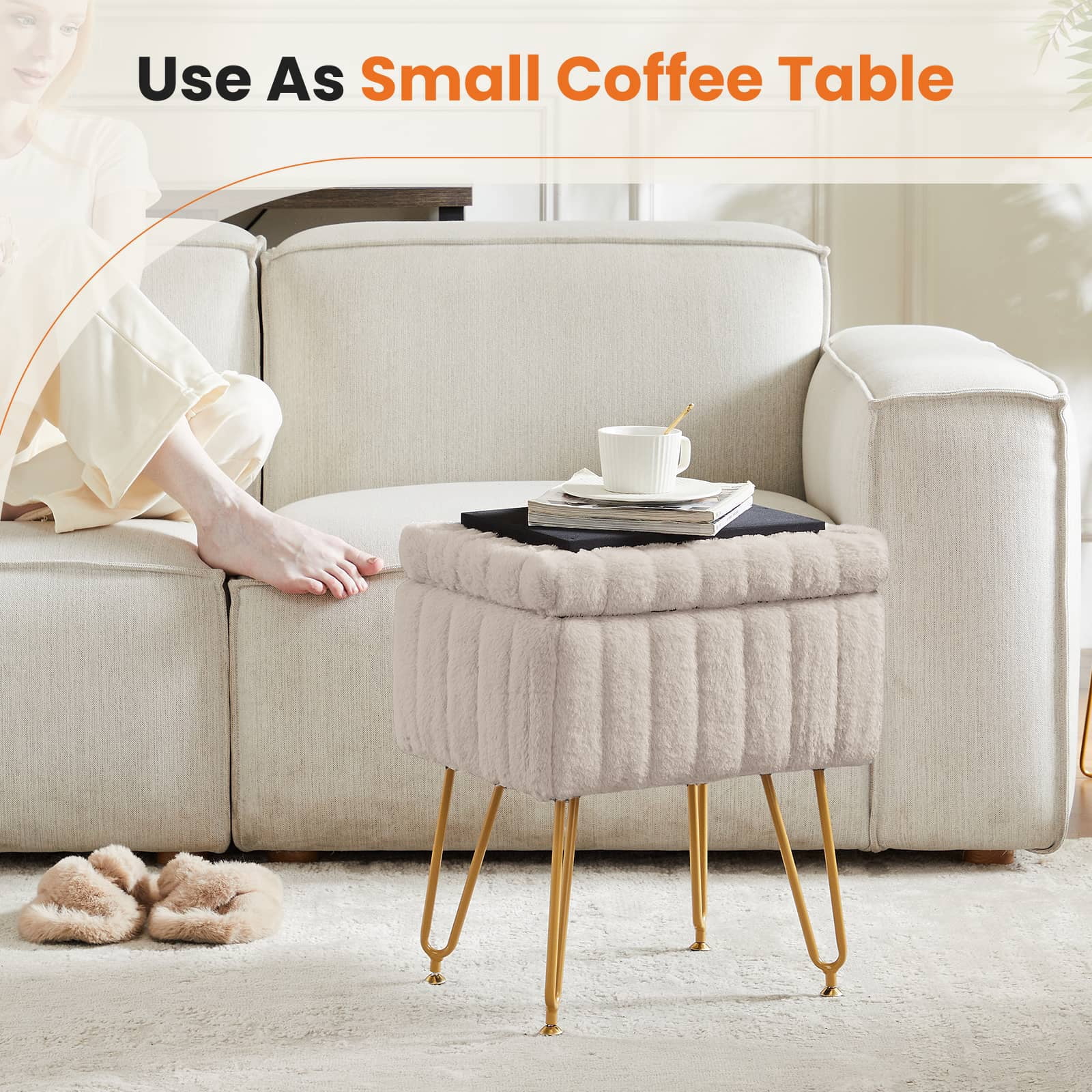 ZUNMOS Ottoman Vanity Stool Chair, with Storage, Modern Style Faux Fur Seat with 4 Metal Legs & Non-slip Feet for Living Room, Bedroom, Camel