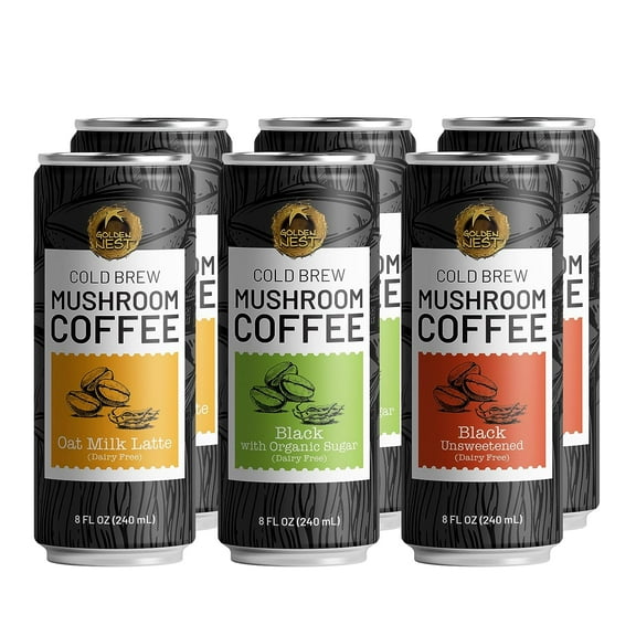 Golden Nest Cold Brew Mushroom Coffee | Ready to Drink Cold Brew Coffee with Organic Chaga & Cordyceps Mushroom | All Natural No Preservatives Dairy-Free | 8 Fl Oz Can - Pack of 6 - Variety Pack