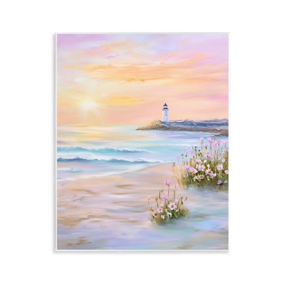 Stupell Industries Warm Sunrise with Distant Lighthouse Landscape & Nature Painting Unframed Art Print Wall Art, 11 x 14