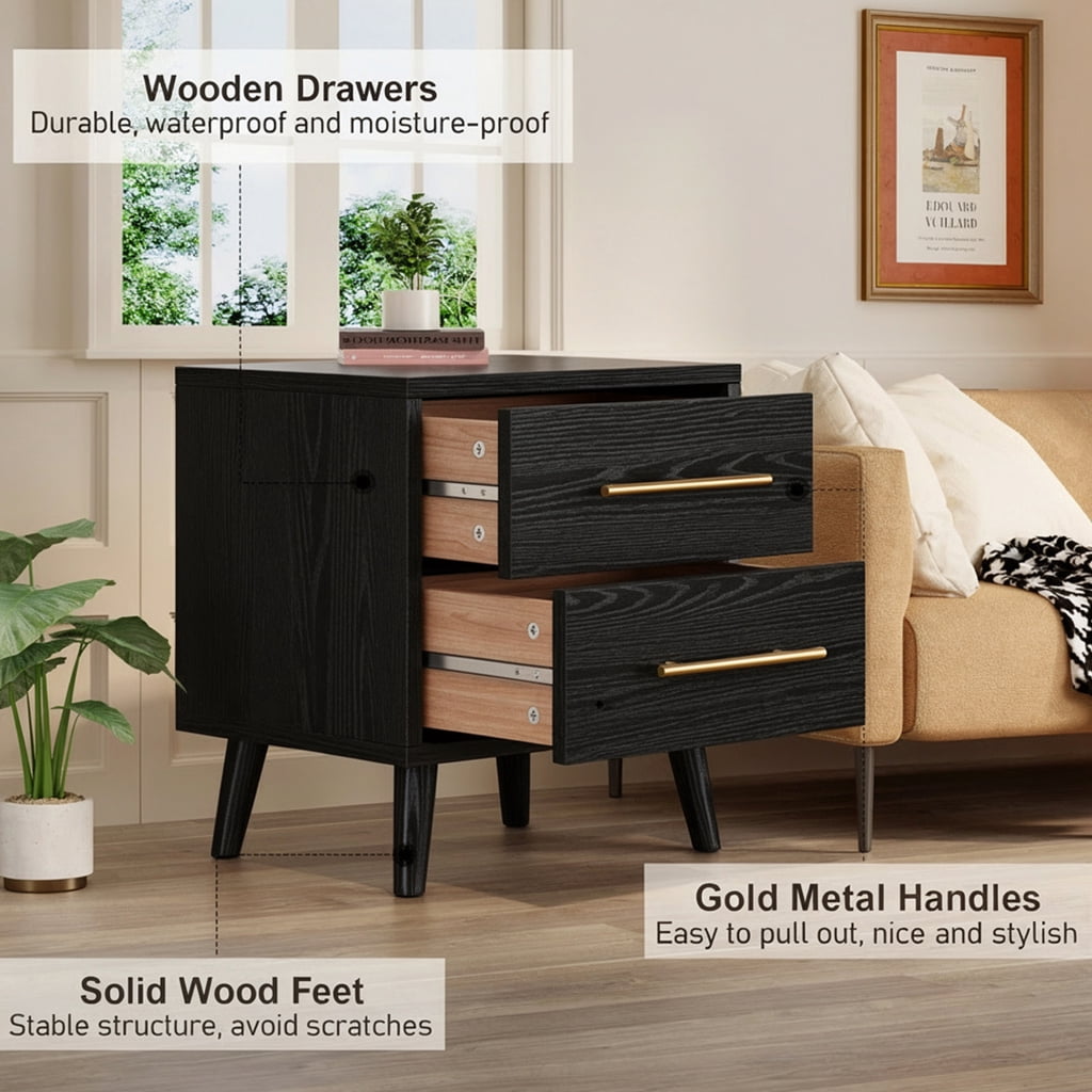 Queen Upholstered Platform Bed Frame with Headboard and 4 Wood Dressers (2,5,6 Drawer) - Modern Bedroom Furniture Set with Sturdy Slats, Noise Free - Gray & Black