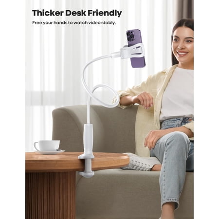 PYYAN-Gooseneck Phone Holder for Bed - 360 Adjustable Clamp Clip Overhead Cell Phone Mount Stand for Desk Compatible with All Cellphone White