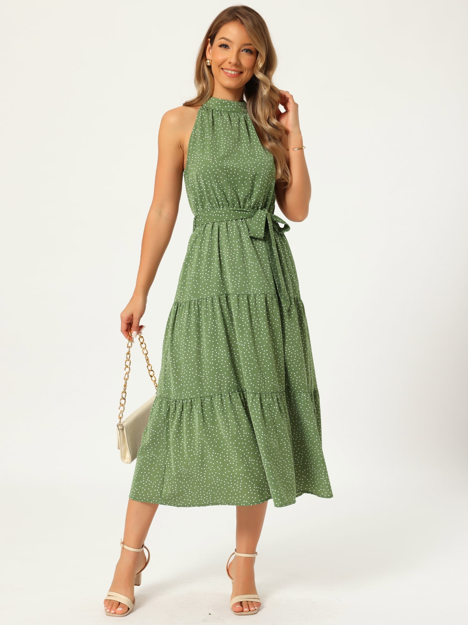 DARING DIVA Women's Halter Tiered Belt Waisted A-Line Flowy Cocktail Dresses XL Green