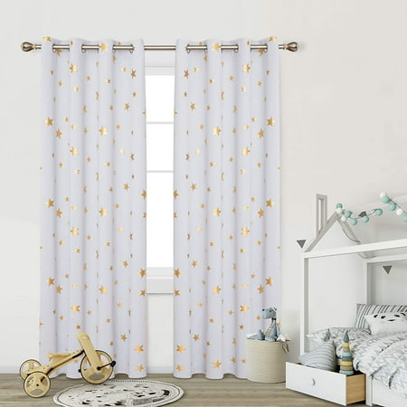 Super Soft Thermal Insulated Blackout Curtains Eyelet Gold Star Foil Printed For Livingroom 52 X 63 Inch Width Length Black 2 Panels Canada Super Soft Thermal Insulated Blackout, White Curtains Gold Stars