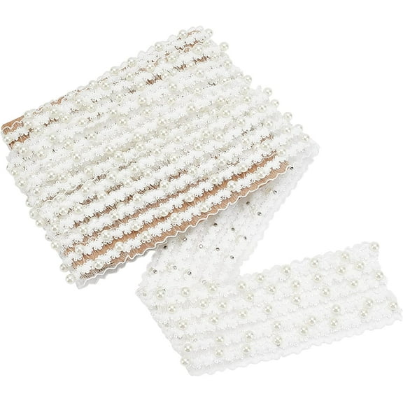2 Yards x 2" Lace Edge Trim Ribbon White Edging Trimmings Fabric with Imitation Pearl Beads Mesh Pearl Wrap Ribbon for Wedding Decorations Headbands Sewing DIY Making Crafts White