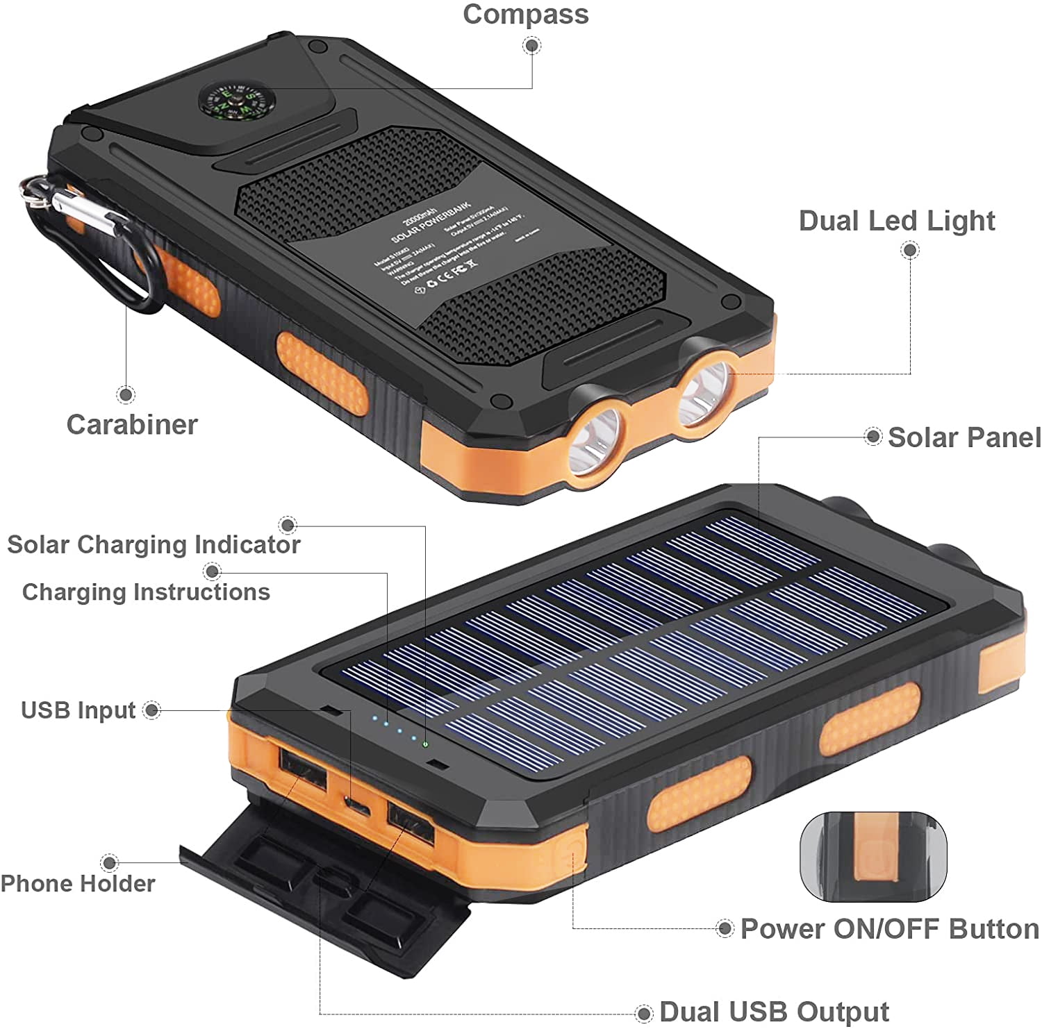Solar Charger,Solar Power Bank Fast Charging 20000mAh Waterproof Portable  External Backup Battery Pack Charger,Camping Battery Bank with Dual