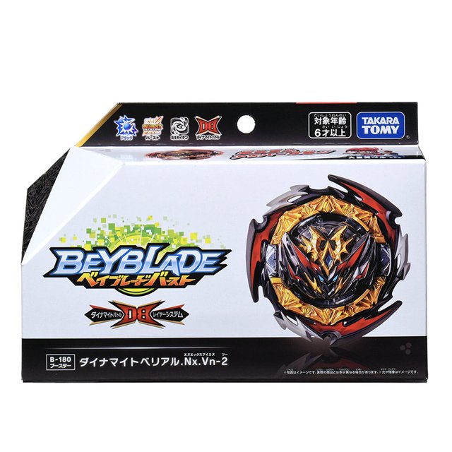 takara tomy beyblade burst db b-180 booster dynamite belial .nexus .venture-2 caja frontal con logo Beyblade Burst y trompo Dynamite Belial en dorado, negro y rojo; indica marca TAKARA TOMY, artículo individual, diámetro 5 cm, metal, recomendado desde 6 años; adecuado como juguete de lanzamiento coleccionable.