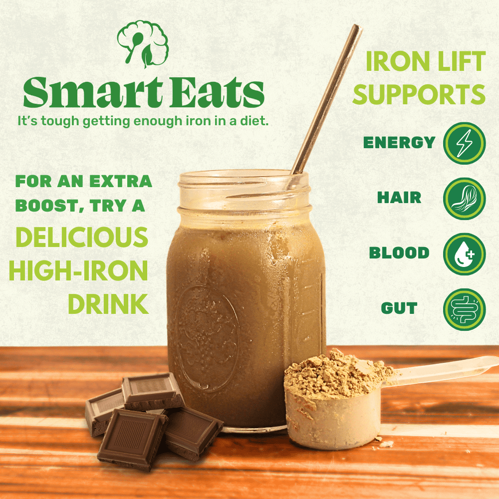 Smart Eats Iron Lift - Powder Iron Supplement - 30mg Gentle Iron, 20g Protein, 6g Fiber - Vitamins - For Anemia - Support Energy, Hair & Gut - Vegan - Chocolate Flavor - 30 Scoops