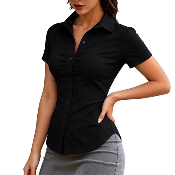 BODOAO Women's Short Sleeve Button Down Shirts Slim Fit Work Blouse Pack Ruched Business Casual Collared Office Tops Plain Tee Dress Shirts Uniform Black L