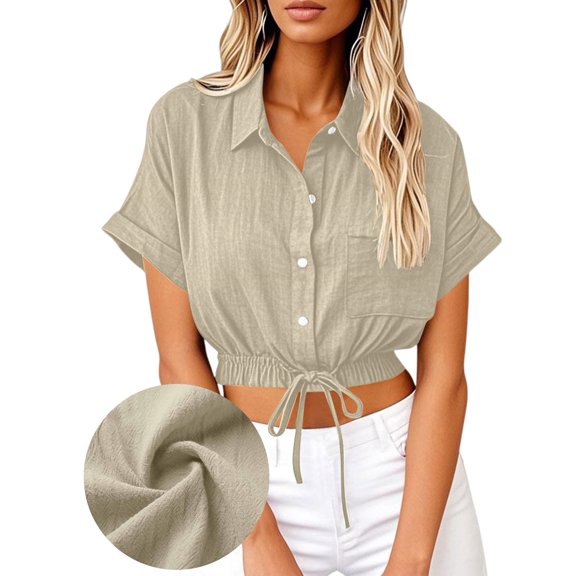 Women Casual Crop Short Sleeve Button Down Blouses Shirt Collar Loose Fit Shirt Khaki L