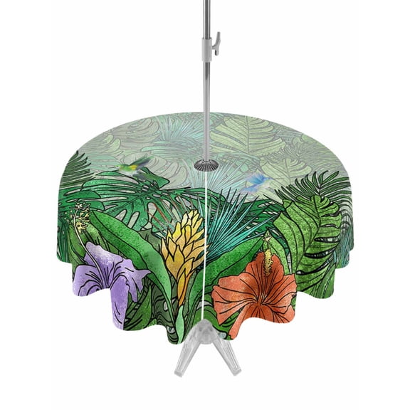 Outdoor Table Cloth with Umbrella Hole and Zipper, Tropical Plant Colorful Floral Waterproof Round Tablecloth 60 Inch, Fern Print Summer Birds Washable Table Cover for Outside Party Patio Picnic