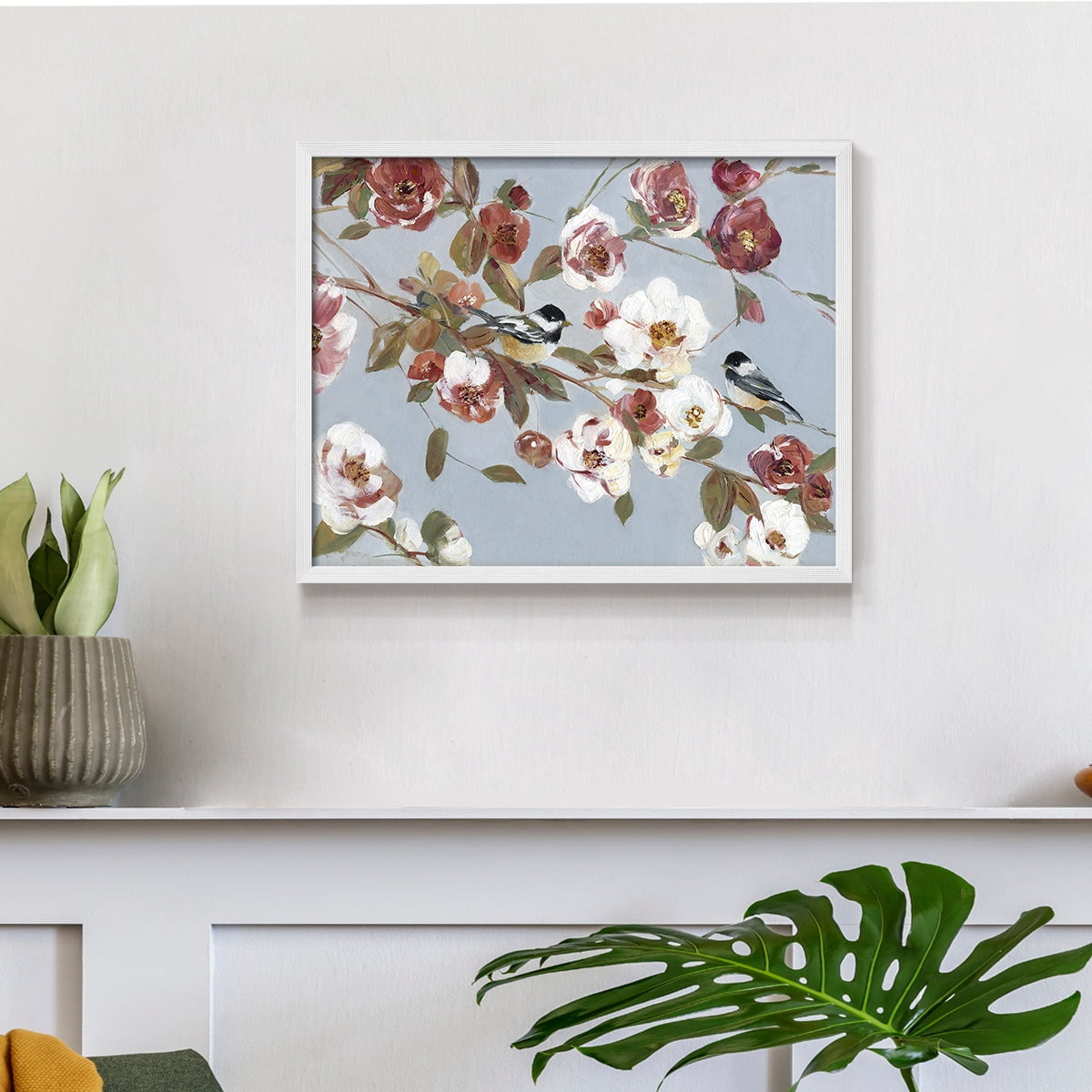 Chickadees and Blossoms II by Sally Swatland - Restickable Framed Giclée Print