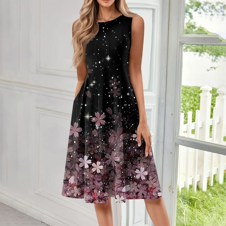 Women's Round Neck Sleeveless Midi Dress Retro Print Casual Summer Dress  with Button Front and Belt Loops for Flea Market Trips,Purple Pink 2XL -  Walmart.com