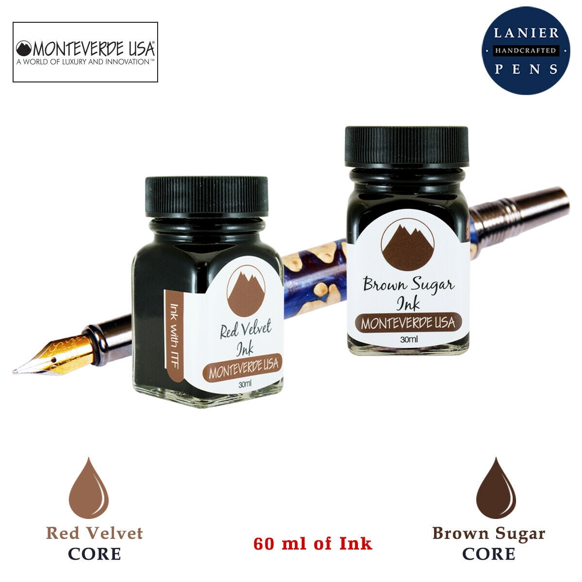 Monteverde 60ml Core Fountain Pen Ink Bottle (30ml Red Velvet Ink Bottle G309RV, 30ml Brown Sugar Ink Bottle G309BS)