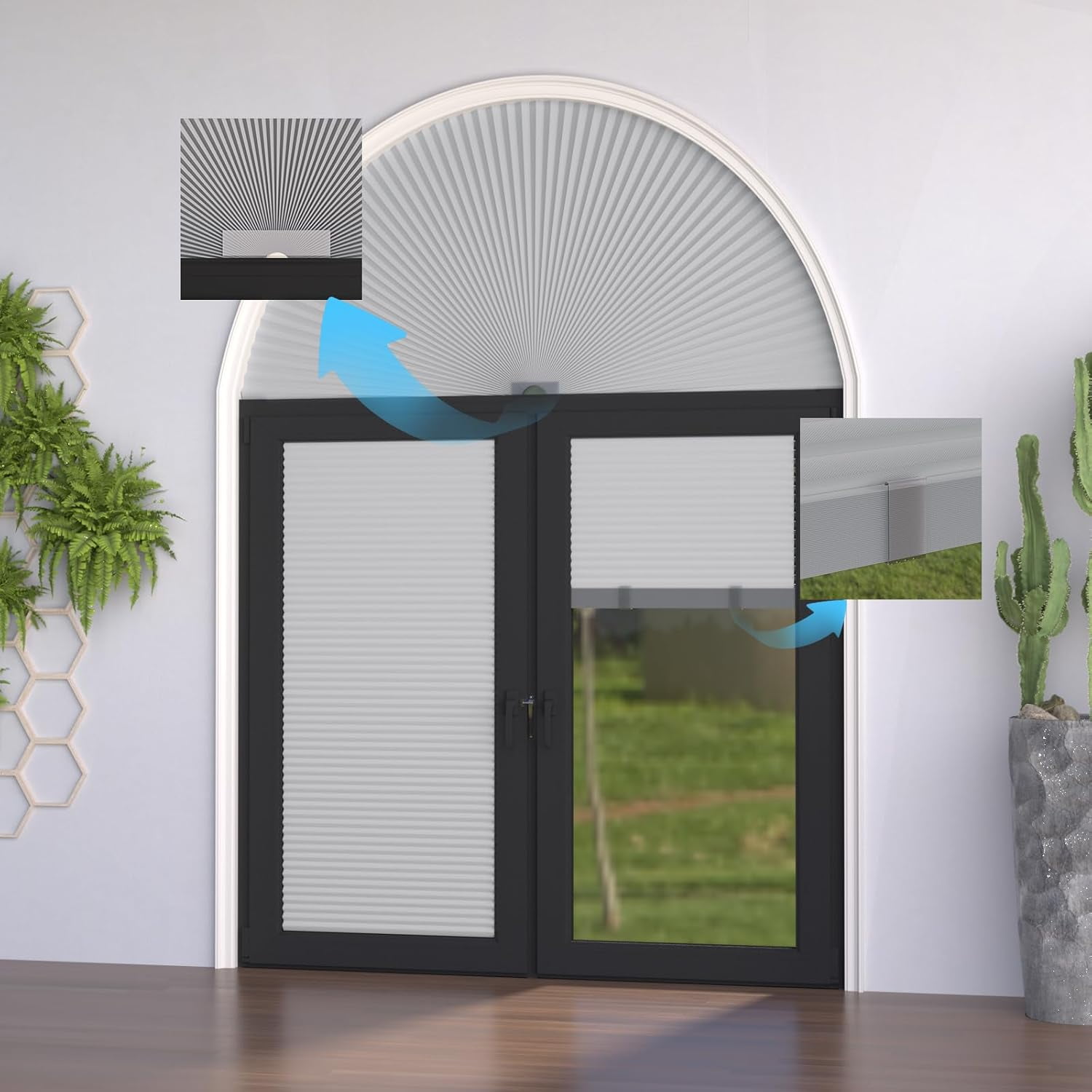 Arch Window Shades Half Circle Blackout Cellular Shades Cordless No Drill Blinds for Windows Half Moon Honeycomb Fabric No Tools Room Darkening Shades Easy Install (1PCS White 72" W X 36" H)