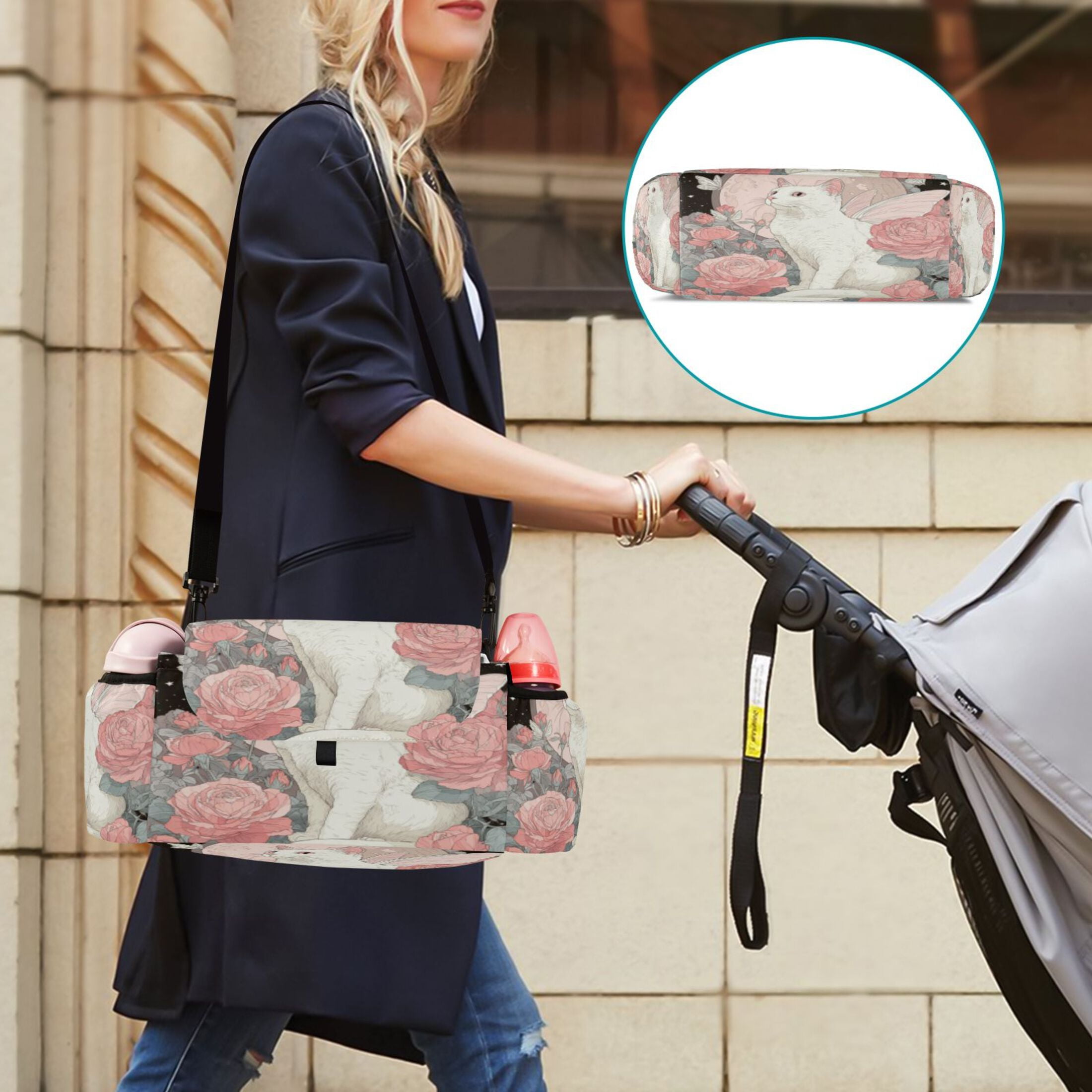 DIXRUYEE Stroller Organizer Angelic Cat Among Roses Printed