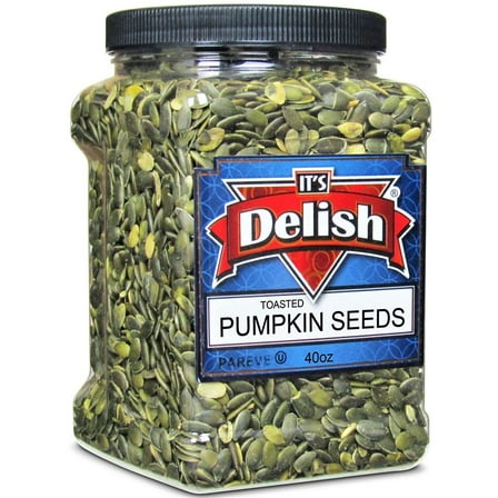 Gourmet Toasted Pumpkin Seeds Pepitas Green Pumpkin Seed Kernels, No Shell, Raw by It's Delish  40 Oz 2.5 lbs Jumbo Reusable Bulk Container Jar  Roasted Unsalted - Perfect for Salads, Baked...