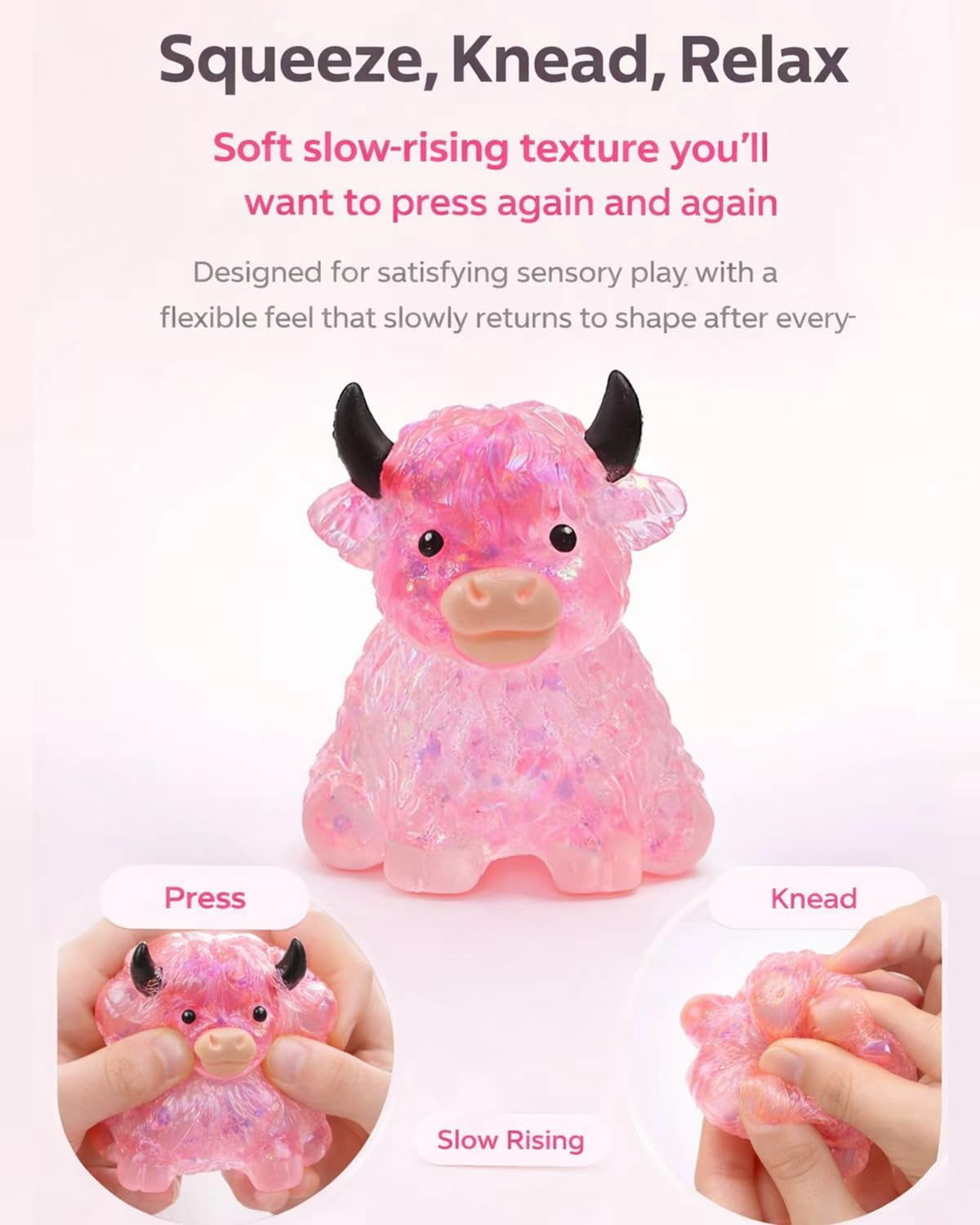 Glitter Highland Cow Squishies Fidget Stuff, Soft Slow Rising Stress Relief Ball, Cute Sensory Squeeze, Birthday Graduation Gifts for Cow Lovers