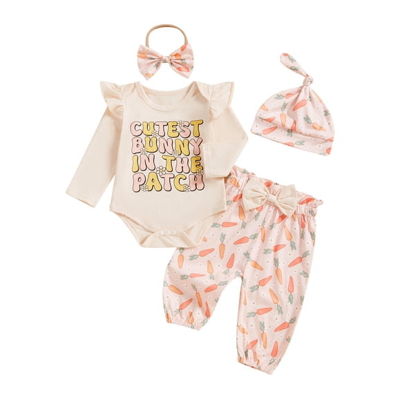 Baby Toddler Girl Easter Outfit 3 6 12 18 Months Letter Ruffle Long Sleeve Romper Carrot Pants Bow Headband Hat 4 Piece Spring Clothing Set