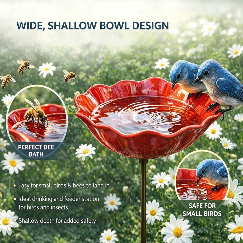 Handmade Metal Flower Garden Stake Bird Bath – Mini Bird Bath & Pollinator Water Station for Outdoor Yard Decor (Red,4)