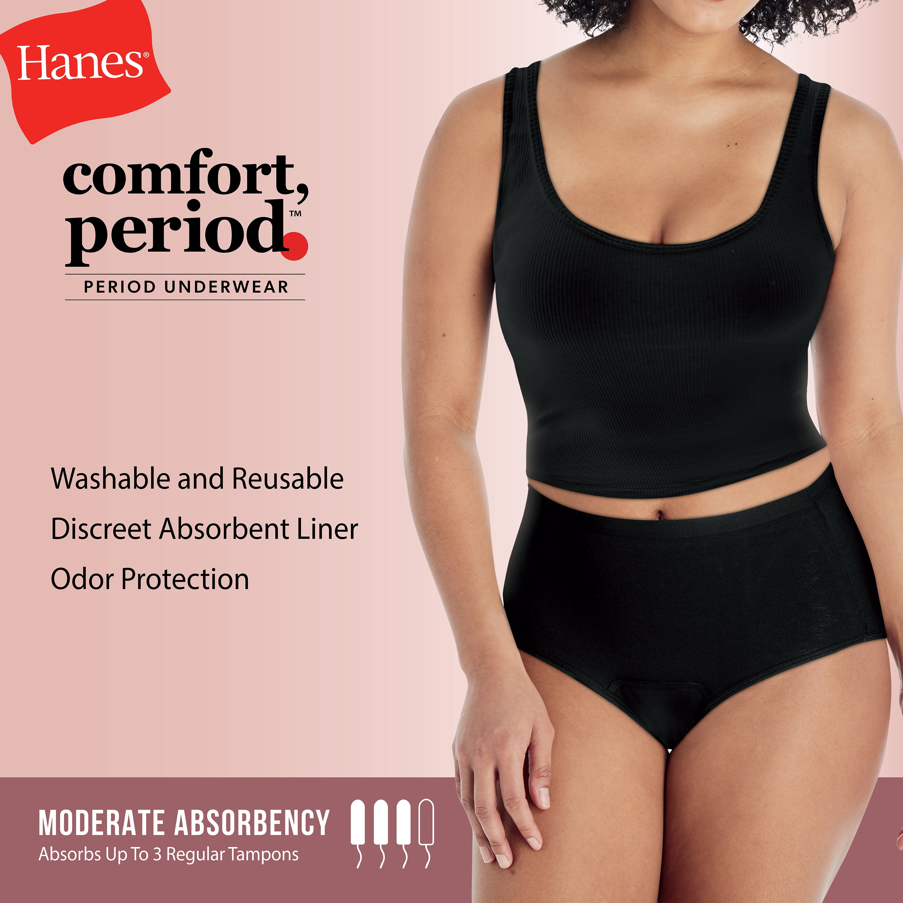 (2 pack) Hanes Womens Period Underwear 3-Pack, Comfort, Period Moderate Protection Period Panties, Period Underwear for Women
