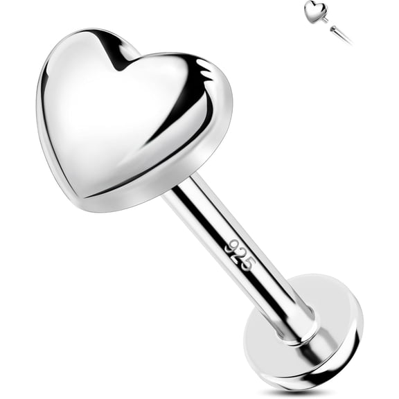 16g Internally Threaded Flat Back Stud 925 Sterling Silver Tragus Helix Earrings Heart Nose Lip Piercing Jewelry for Women Men silver