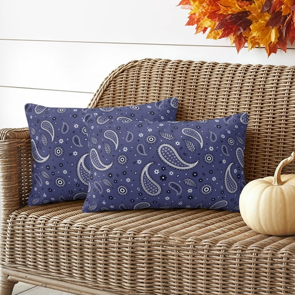 Outdoor Waterproof Throw Pillow Cover Dark Blue Paisley Pattern Decorative Pillow Covers 20x12inch Set of 2 Pillows Case, White Seamless Floral Art Cushion Cases for Sofa Couch Patio Garden