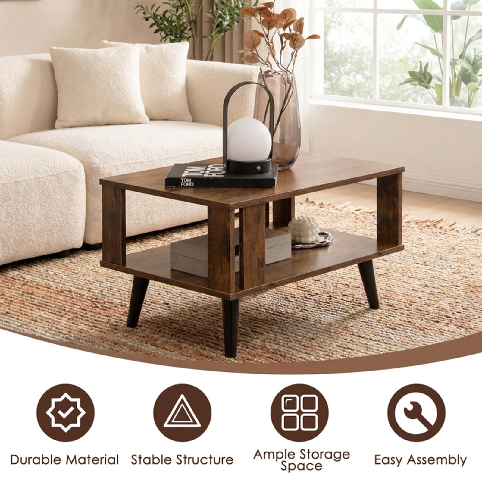 Furnibear Compact Retro Mid-Century Coffee Table with Storage Open Shelf - Rustic Brown - Living Room Cocktail Center Table