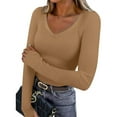 thumbnail image 2 of YanHoo Women Long Sleeve Shirts Rib Knit Slim Fit Tops Basic Tee with Thumb Holes 2026 Casual V Neck T-Shirt Underscrubs Layer Clothes Khaki,S, 2 of 8