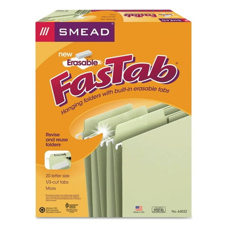 Smead Erasable FasTab Hanging Folders, 1/3-Cut, Letter, 11 Point Stock, Moss, 20/Box