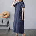 thumbnail image 6 of Aimik Women's Short Sleeve Turndown Collar Solid Color Cotton-Linen Long Dress with Buttons Summer Loose Casual Dress, 6 of 6