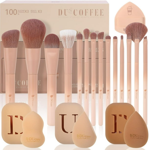Juego de brochas de maquillaje DuCare serie Coffee de 14 piezas con esponjas