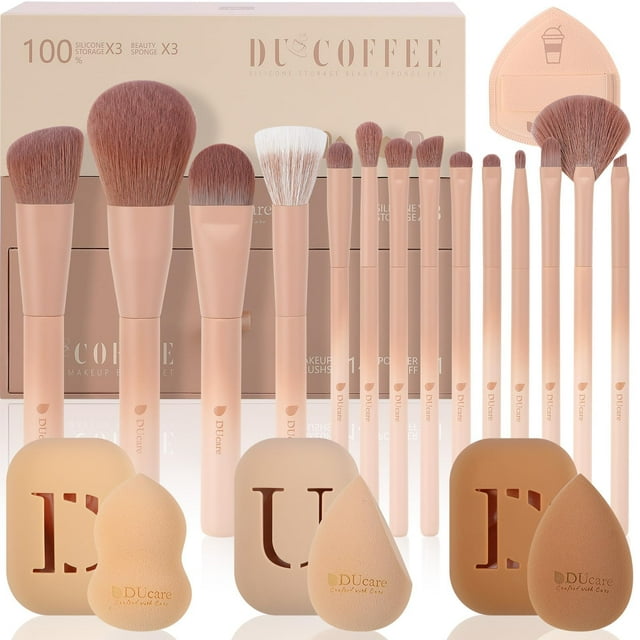 Juego de brochas de maquillaje DuCare serie Coffee de 14 piezas con esponjas