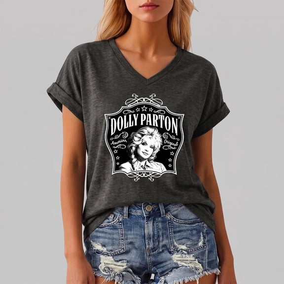 VNKIDY Womens Retro Dolly Shirt Short Sleeve Parton Memorial T-Shirts Country Legend Graphic Tees Vintage Country Music Festival Comfortable Tops For Women,Size L