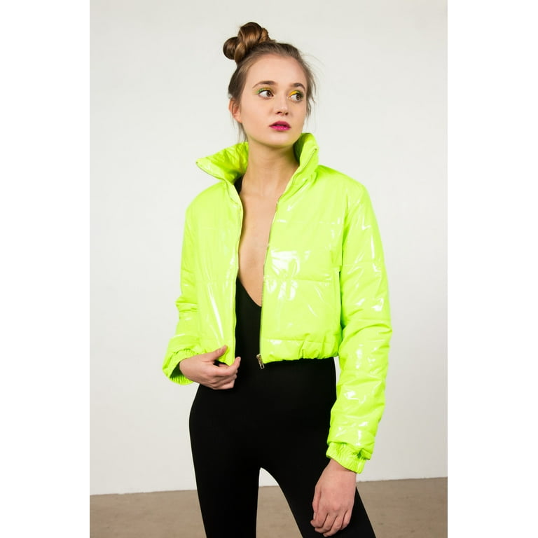 Neon Lime Crop Puffer Jacket Women s Winter Outerwear