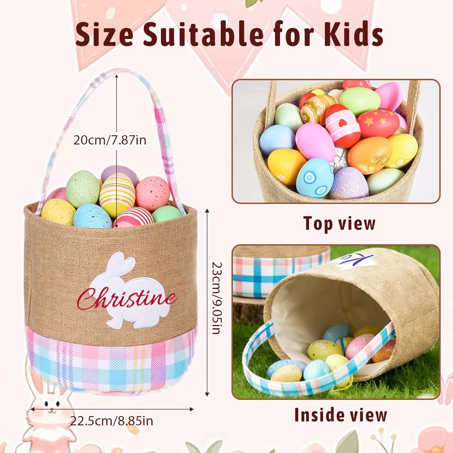 Personalized Easter Basket For Kids, Custom Name Embroidered Bunny Storage Bucket, Rabbit Egg Hunt Tote Bag, Handmade Decor, Baby Shower Birthday Gift