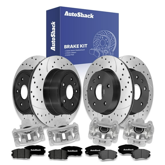 AutoShack Front Vented & Rear Vented Drilled & Slotted E-Coated Brake Rotors   Premium Ceramic Pads   Calipers 16-PC Brake Kit Replacement for 2010-2017 Chevrolet Equinox ShadowGuard