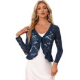 thumbnail image 1 of Cárdigan corto con lazo en la parte delantera para mujer Dobladillo con volantes Top transparente de encaje floral Azul oscuro L, 1 of 5