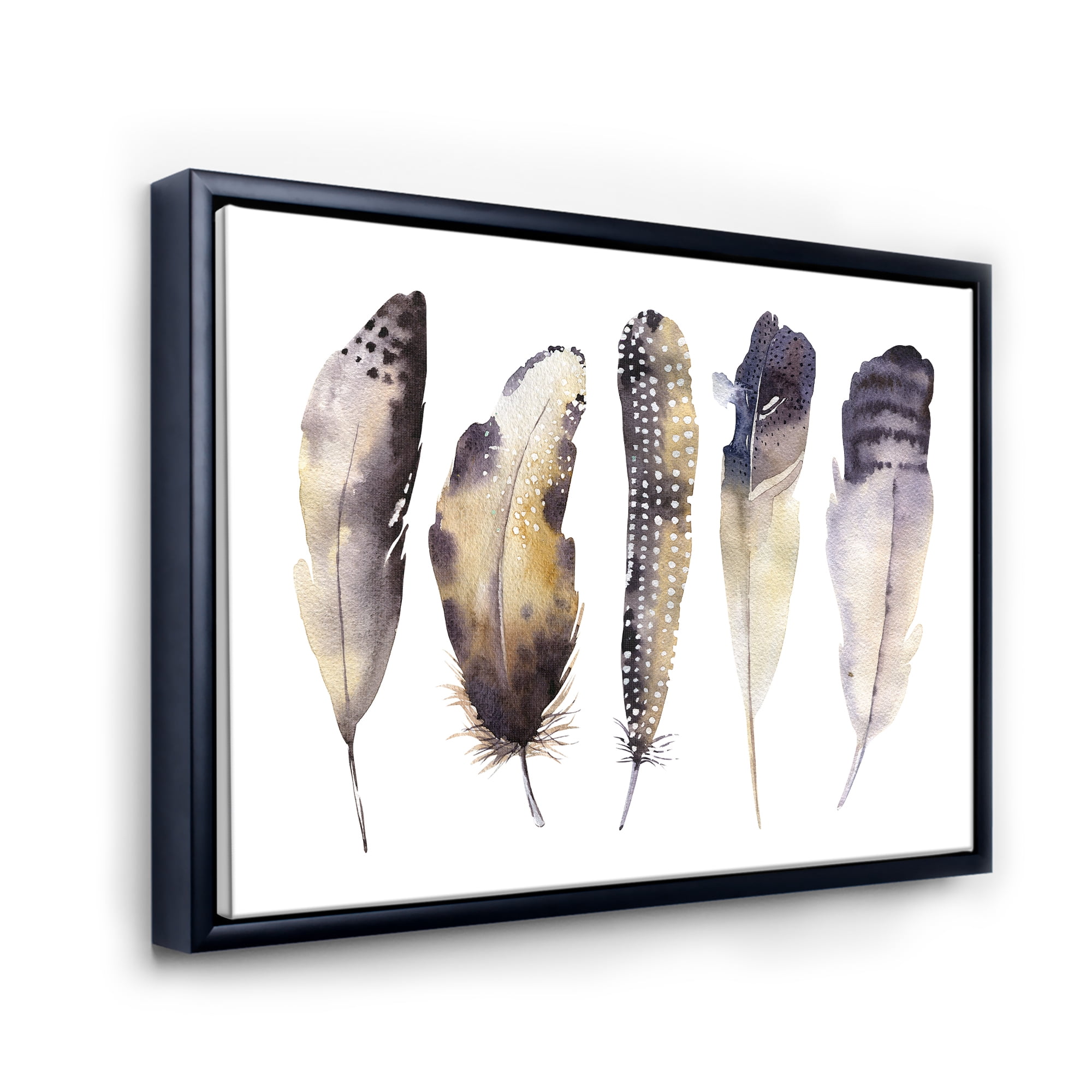 Designart 'Dark Gray Feathers Boho Ethnic I' Bohemian & Eclectic Framed Canvas Wall Art Print